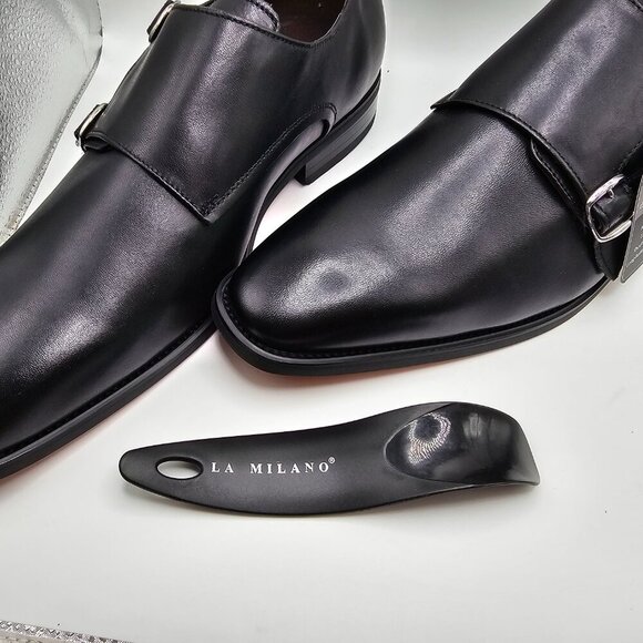 NWOB Men's La Milano Black Leather Plain Toe Double Monk Strap Shoes‎ Size 11 - Picture 9 of 11